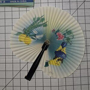 Chinese Paper Folding Hand Fan W/Metal Handle, Vintage Mid-Century, 3 of 25